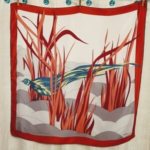 Grès Paris Vintage 1970s  Silk Scarf Hand Rolled Hem Bird In Reeds Print France